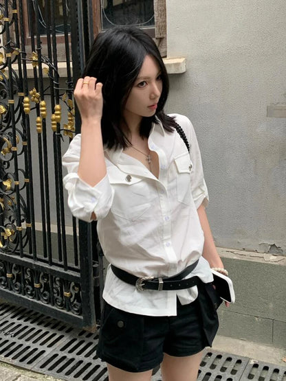 Schickes Dollette Hemd mit Reverskragen und halbem Ärmel, lässiges Sommertop, koreanische Mode, Streetwear Hemden & Blusen, lässiger Herbst