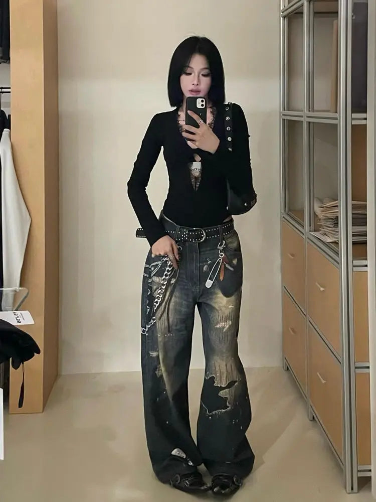 Schicker Dollette Gothic schwarzer hohler Body Strampler Jumpsuit Fashion einfarbige Spitze Langarm sexy Etui Skinny T-Shirt
