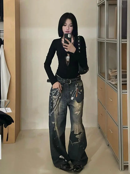 Schicker Dollette Gothic schwarzer hohler Body Strampler Jumpsuit Fashion einfarbige Spitze Langarm sexy Etui Skinny T-Shirt