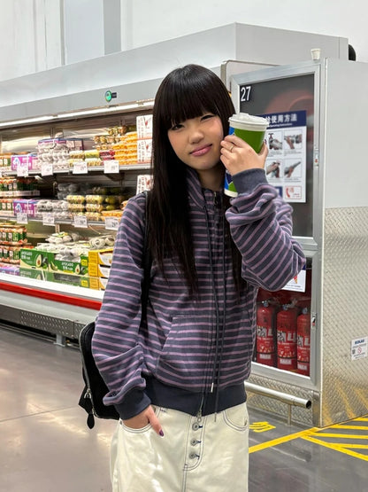 Cardigan rayé zippé à manches longues Chic Dollette Style japonais Streetwear Grunge Top E-girls Kawaii