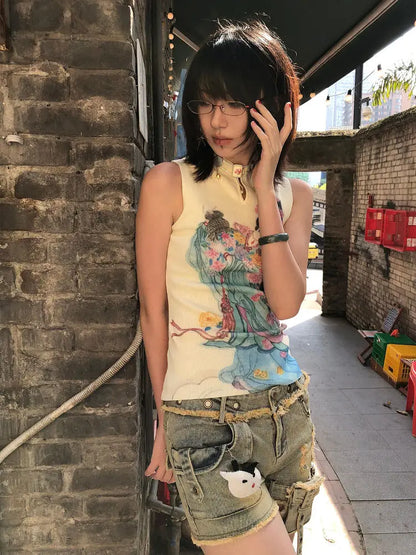 Chic Dollette Chinesischer Stil Tank Top Aushöhlen Skinny Weste 2000er Kleidung Blumenfee Druck Damen Ärmellos Koreanisches Mode Top