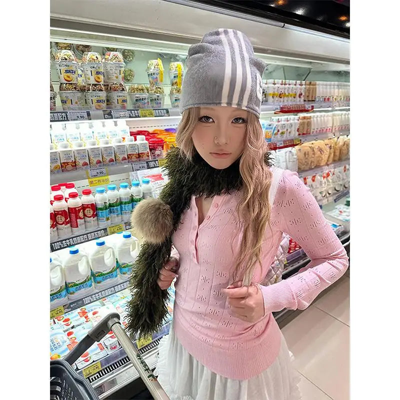 Schickes Dollette Pinkes Stricktop Langarm Koreanische Mode Pullover Hotsweet Strickware Damen Jumper Herbst Top Schick