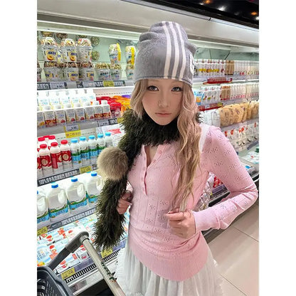 Schickes Dollette Pinkes Stricktop Langarm Koreanische Mode Pullover Hotsweet Strickware Damen Jumper Herbst Top Schick