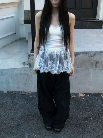 Haut court chic coréen Dollette en patchwork et dentelle, sans manches, style superposé, dos nu, streetwear, gothique chic