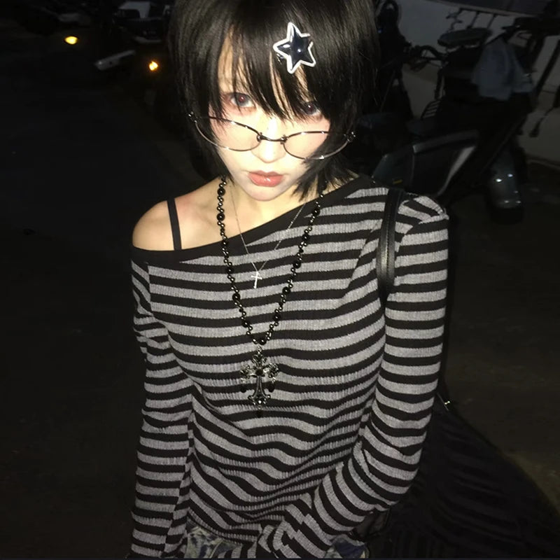 Chic Dollette T-shirt japonais à manches longues, débardeur court rayé à épaules dénudées, style grunge années 2000, streetwear