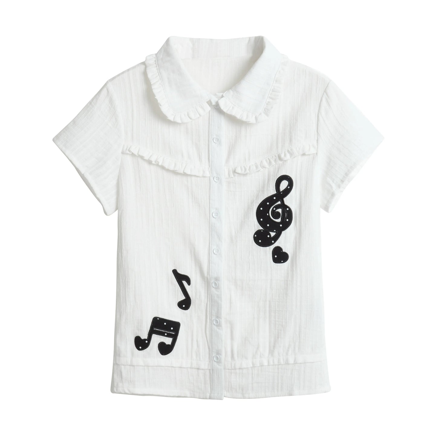 Elegantes Dollette Girl Musiknoten-Stickerei Puppenkragen Damen Kurzarmshirt 2026 Neue weiße schmale, dünne, altersreduzierende Hemden für Damen