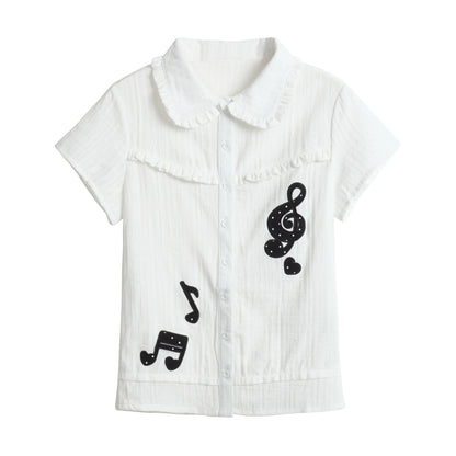 Elegantes Dollette Girl Musiknoten-Stickerei Puppenkragen Damen Kurzarmshirt 2026 Neue weiße schmale, dünne, altersreduzierende Hemden für Damen