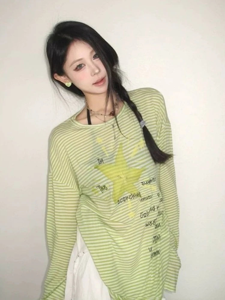 Chic Dollette Sun Protection Casual T-Shirts Women Striped Letter Printing Tshirt 2026 Summer Harajuku Grunge Oversized T-shirt