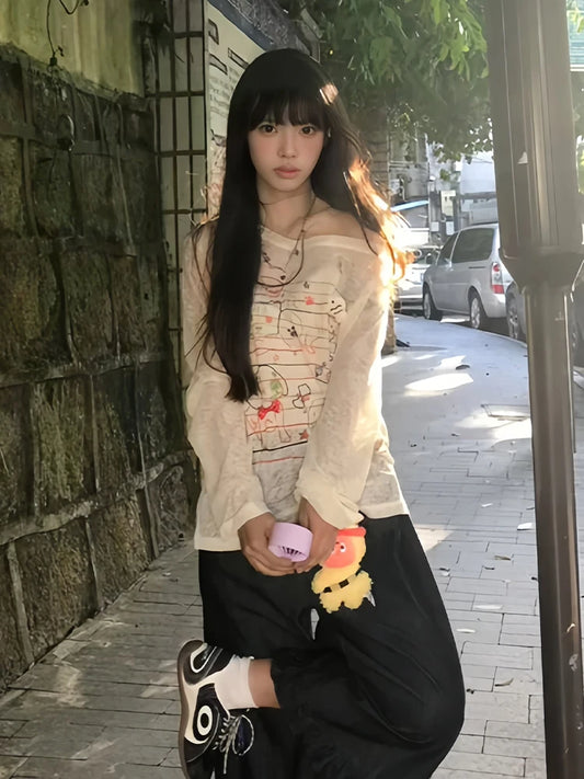 Chic Dollette T-shirts graphiques mignons Vêtements femme Manches longues Ample Années 2000 Vêtements Haut d'automne T-shirts Kawaii Vêtements femme Chic