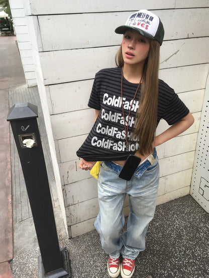 Chic Dollette Aesthetic 2000s Striped T Shirt Women Short Sleeve Letter Print Tee Tops Y2k Vingtage Tops American Retro 90s Tshirts
