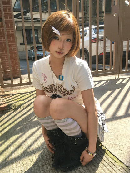 Chic Dollette  vintage T Shirt Women Short Sleeve Leopard-print Mustache Graphic Tops 2000s Aesthetic Crop Tops American Retro