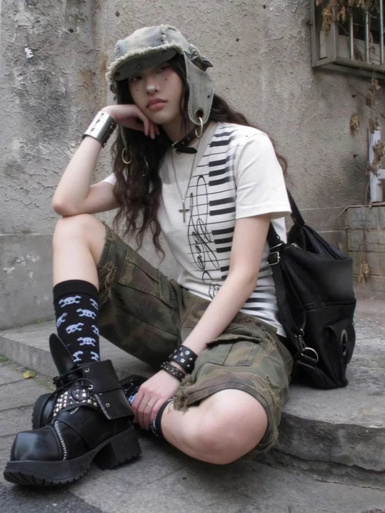 Chic Dollette V Neck Short Sleeve Spring Summer Fashion Slim Printed Grunge Gothic Tops Female Y2k Harajuku Casual