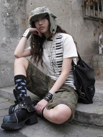 Chic Dollette V Neck Short Sleeve Spring Summer Fashion Slim Printed Grunge Gothic Tops Female Y2k Harajuku Casual