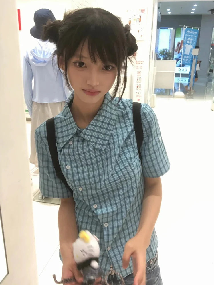 Chic Dollette  Japanese Plaid Shirt Women Short Sleeve Irregular Blouse And Shirt Korean Style Vintage Shirts 2000s Aesthetic