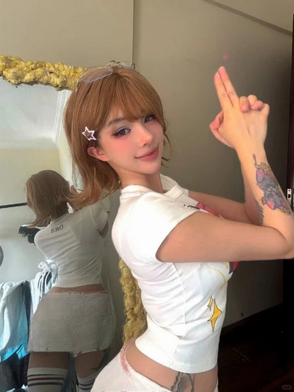 Chic Dollette Grunge Tee Y2k Aesthetic Kawaii Cute Casual Vintage T-shirt Summer Harajuku Women Slim Fit Tshirts