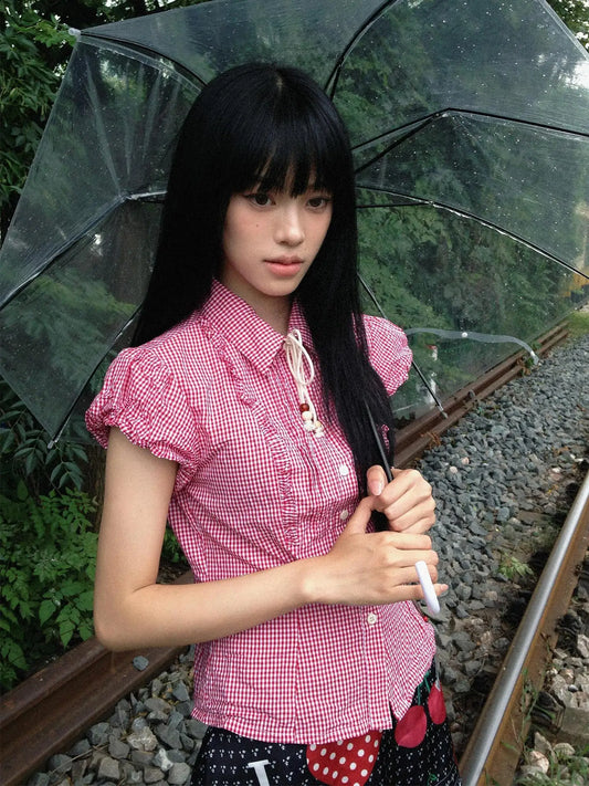 Chemise à carreaux Chic Dollette japonaise années 2000, manches lanternes, décontractée, vintage, streetwear, style féerique