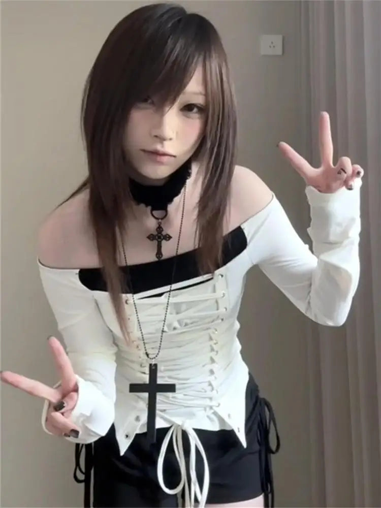 Chic Dollette Hotsweet Langarm Schnür-Slim Damenbekleidung Fake Zweiteiliges Top 2000er Kleidung Slash Neck Korean Fashion Tees
