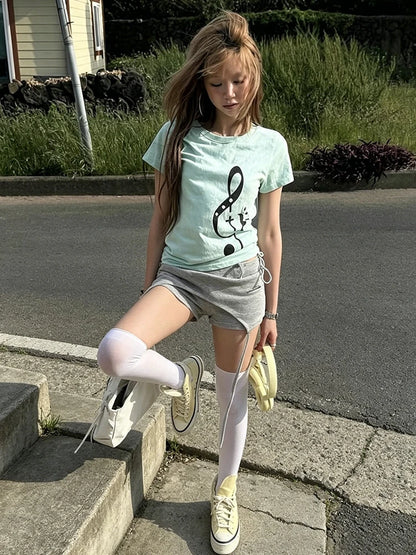Chic Dollette Korean Style Music Note Print T Shirt Women Short Sleeve Cotton T-shirt Y2k Vintage Graphic Tops Japanese 2000s Tee
