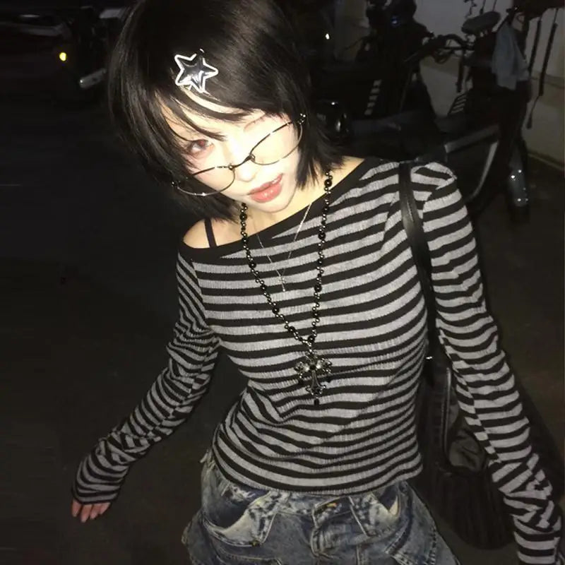 Chic Dollette T-shirt japonais à manches longues, débardeur court rayé à épaules dénudées, style grunge années 2000, streetwear