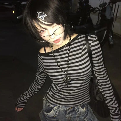 Chic Dollette T-shirt japonais à manches longues, débardeur court rayé à épaules dénudées, style grunge années 2000, streetwear