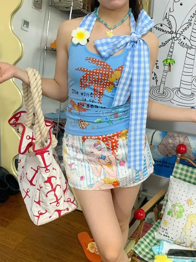 Schickes Dollette Hotsweet Blaues Patchwork Karomuster Neckholder Top 2000er Kleidung Ärmelloses Camis Sommer Tank Top Strand Camisole Chic