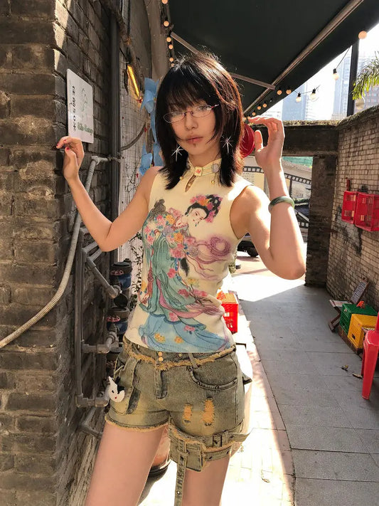 Haut court chic de style chinois Dollette, débardeur évidé, vêtements des années 2000, imprimé fleur féérique, sans manches, mode coréenne