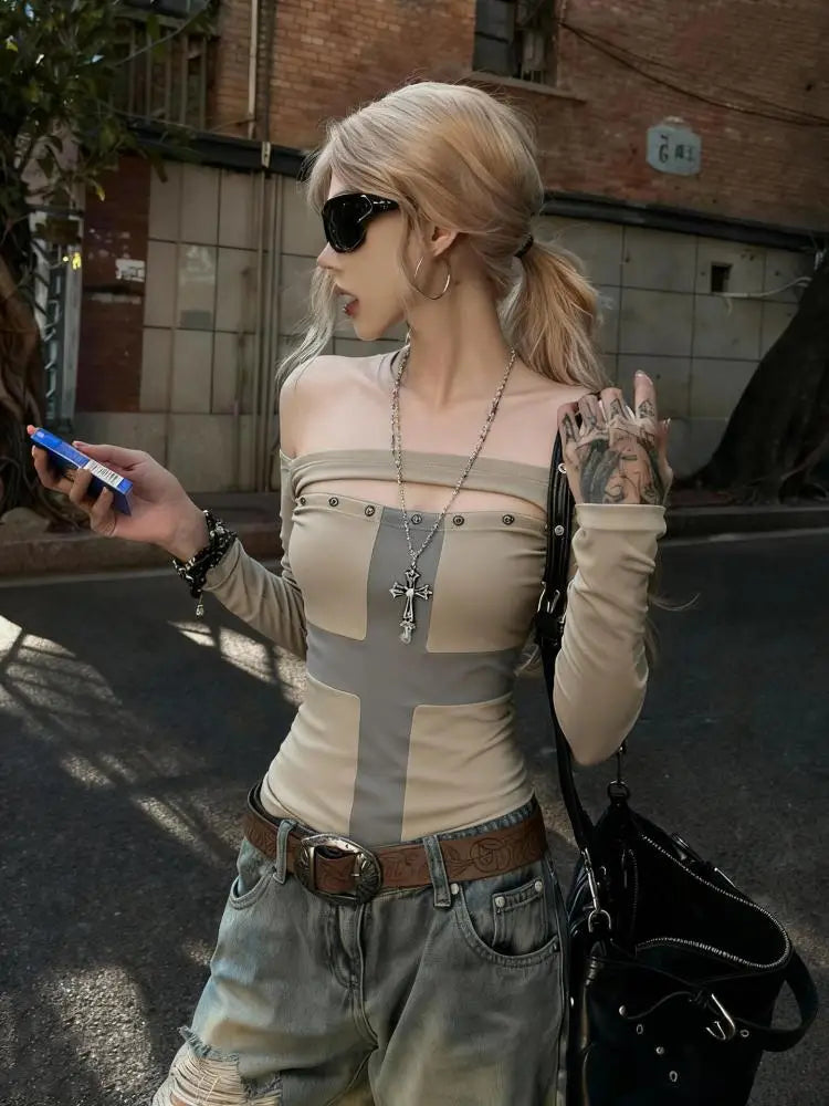 Chic Dollette Patchwork Kreuz Grafik T-Shirts Kleidung Langarm 2000er Kleidung Hollow Out Tees Female Frühling Top Herbst