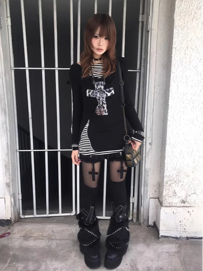 Schickes Dollette Gothic Vintage T-Shirt Patchwork Fake Two Pieces Top Streetwear Japanisches T-Shirt Oberteil 2000er T-Shirts
