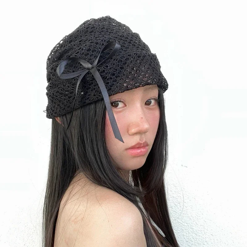 Chic Dollette Black Lace Knitted Bow Beanie