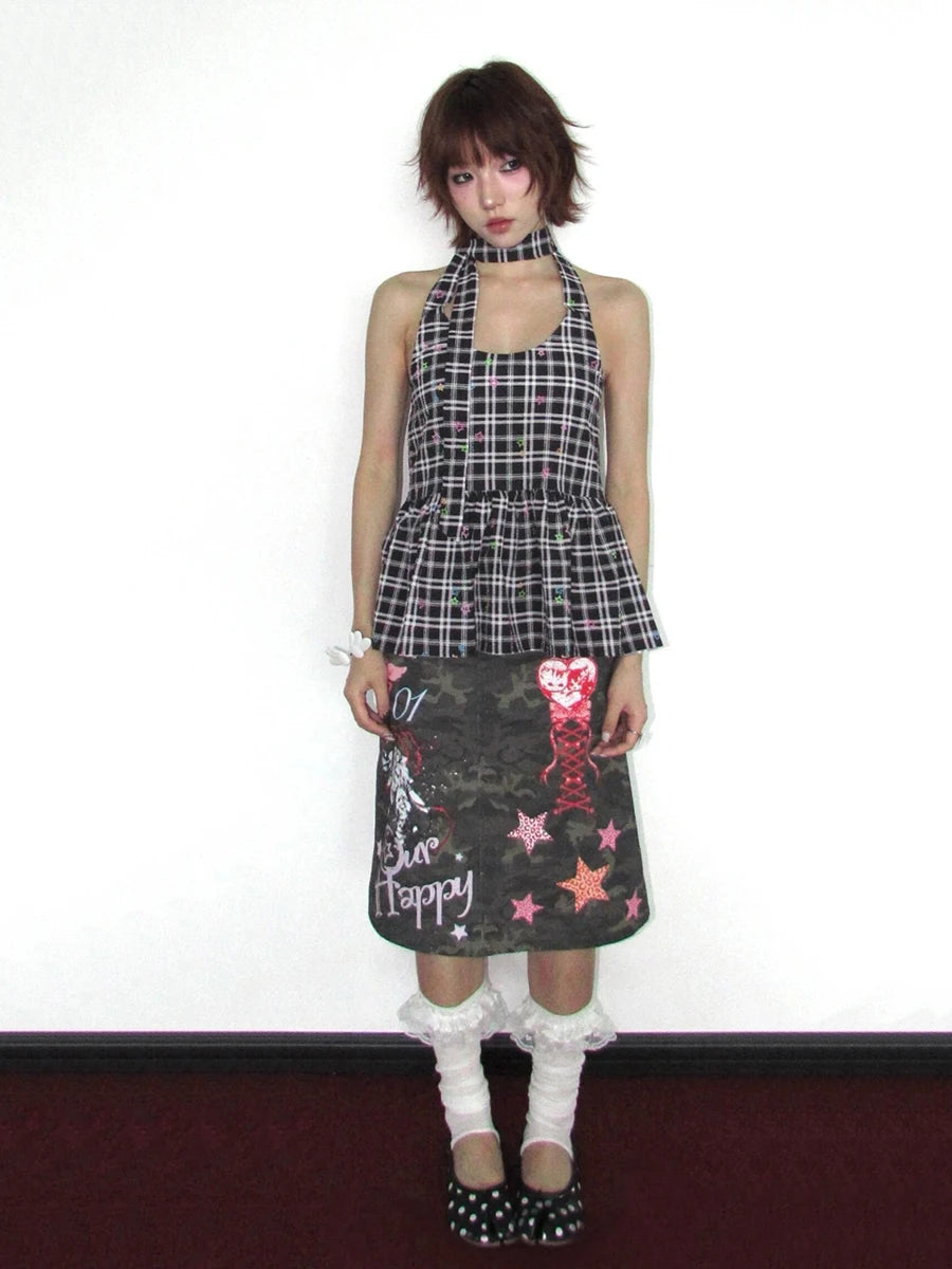 Chic Dollette Petite Y2k 3D Digital Print Camouflage Skirt Retro Punk Graffiti Star High Waist Slit Knee Long Skirt Women Streetwear