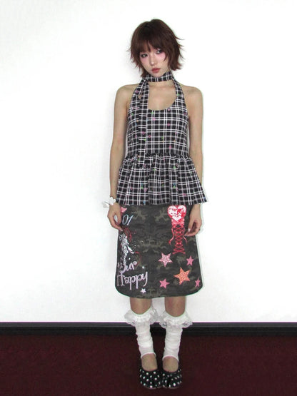 Chic Dollette Petite Y2k 3D Digital Print Camouflage Skirt Retro Punk Graffiti Star High Waist Slit Knee Long Skirt Women Streetwear