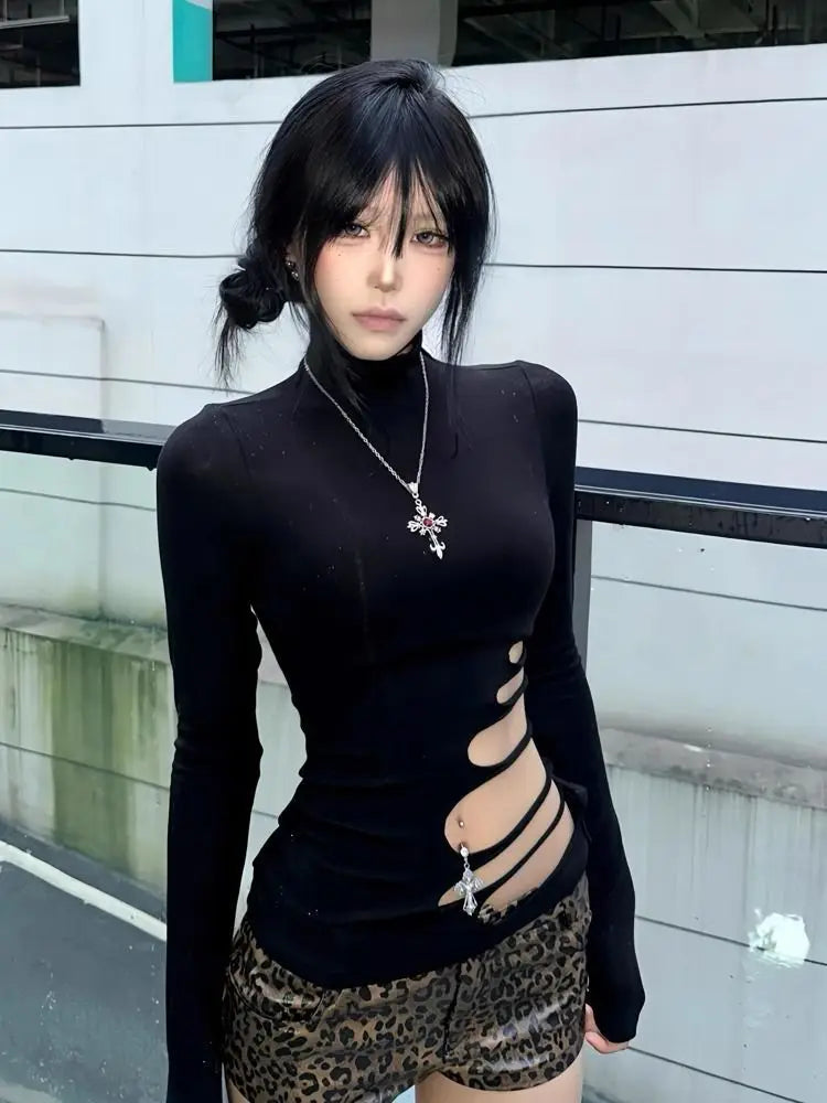T-shirt Chic Dollette Hotsweet avec découpes, coupe ajustée, manches longues, vêtements des années 2000, mode coréenne, vêtements pour femmes, col roulé, haut chic