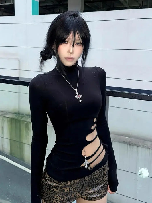 Schickes Dollette Hotsweet T-Shirt, hohl, schmal, langärmlig, 2000er Jahre Kleidung, koreanische Mode, Damenbekleidung, Rollkragen, schickes Oberteil