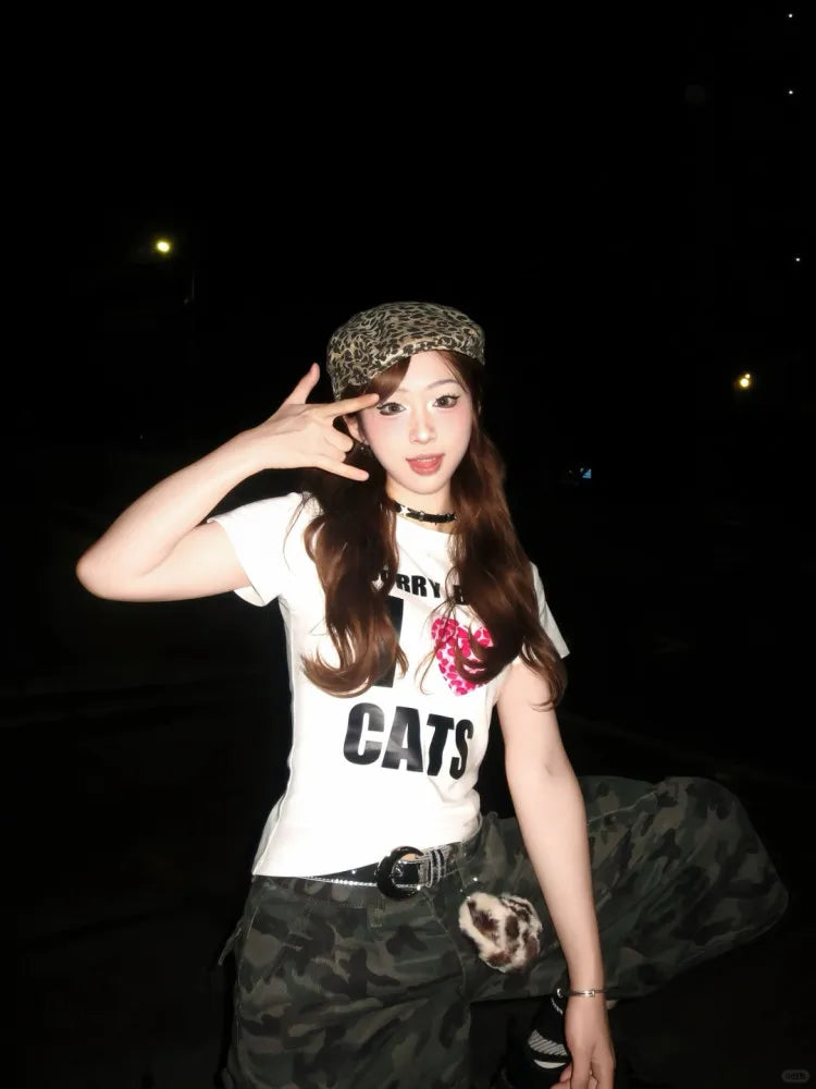 Chic Dollette Hotsweet Grafik T-Shirts Amerikanischer Stil Slim Kurzarm 2000er Kleidung Koreanische Mode Top Skinny Chic T-Shirts