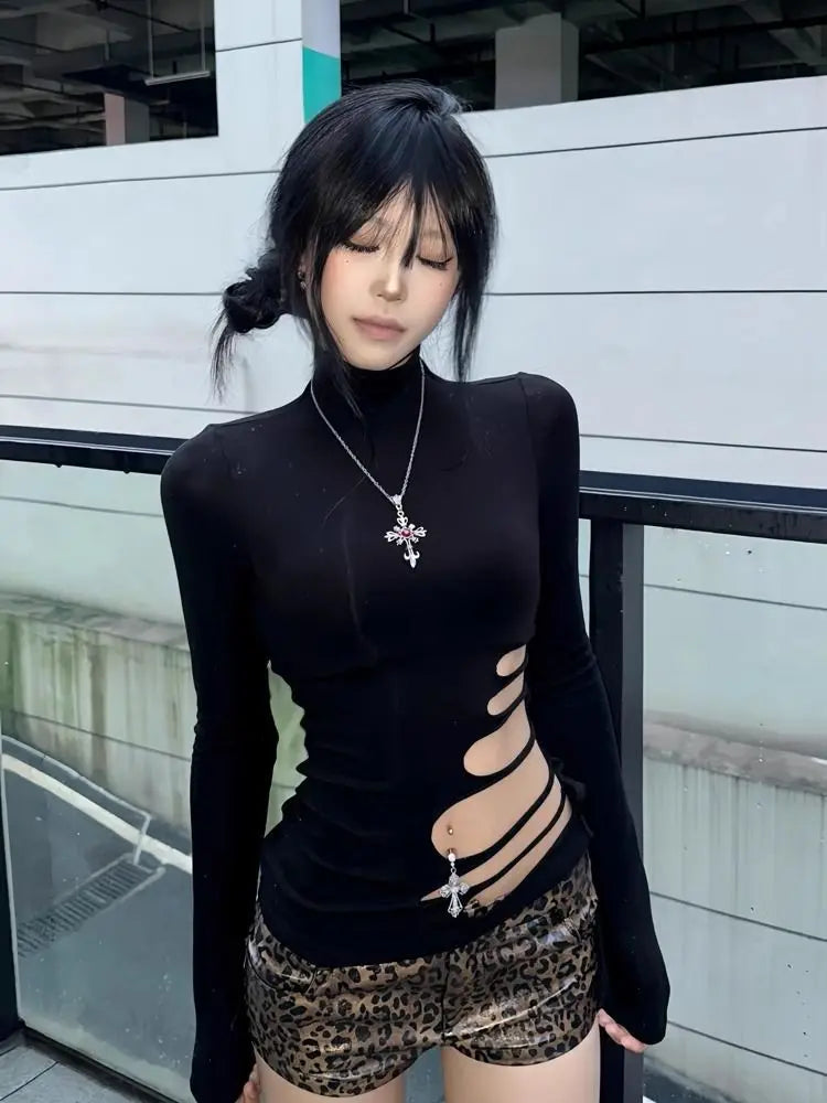 T-shirt Chic Dollette Hotsweet avec découpes, coupe ajustée, manches longues, vêtements des années 2000, mode coréenne, vêtements pour femmes, col roulé, haut chic