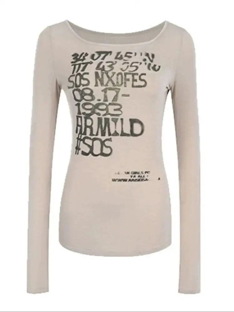 Chic Dollette Herbst Top Langarm Grafik T-Shirts Damen Kleidung Grunge Gothic 2000er Kleidung Koreanische Mode Slim Tees Chic