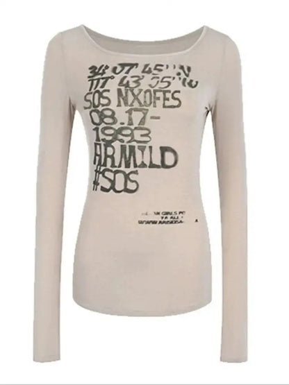 Chic Dollette Herbst Top Langarm Grafik T-Shirts Damen Kleidung Grunge Gothic 2000er Kleidung Koreanische Mode Slim Tees Chic