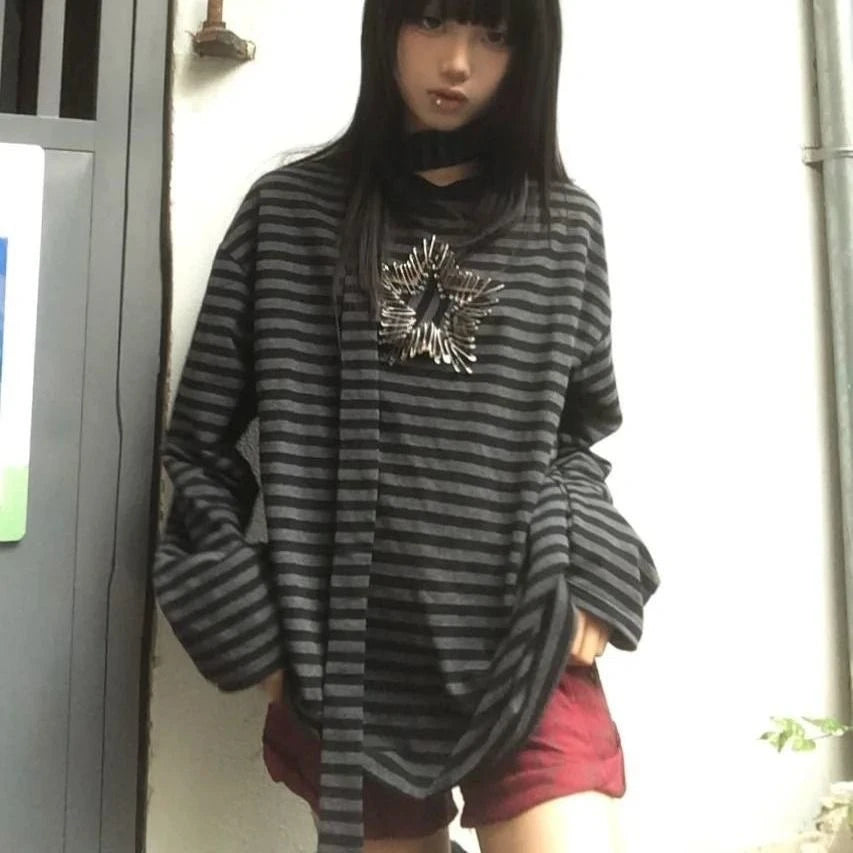 Chic Dollette Gothic Vintage Print Top Langarm Gestreiftes T-Shirt Japanisches Star Tee Top 2000er Grunge T-Shirts