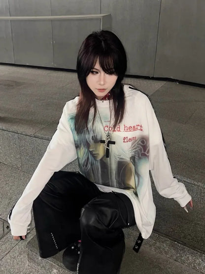 Chic Dollette Gothic Anime Cartoon Print Vintage T-shirt Hiphop Patchwork Streetwear Tops Harajuku Drop Shoulder Casual Tshirts