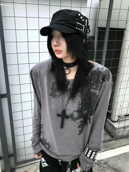 T-shirt Chic Dollette à imprimé gothique Manches longues Décontracté Vintage Grunge Top T-shirt Streetwear Rétro Américain Fairycore