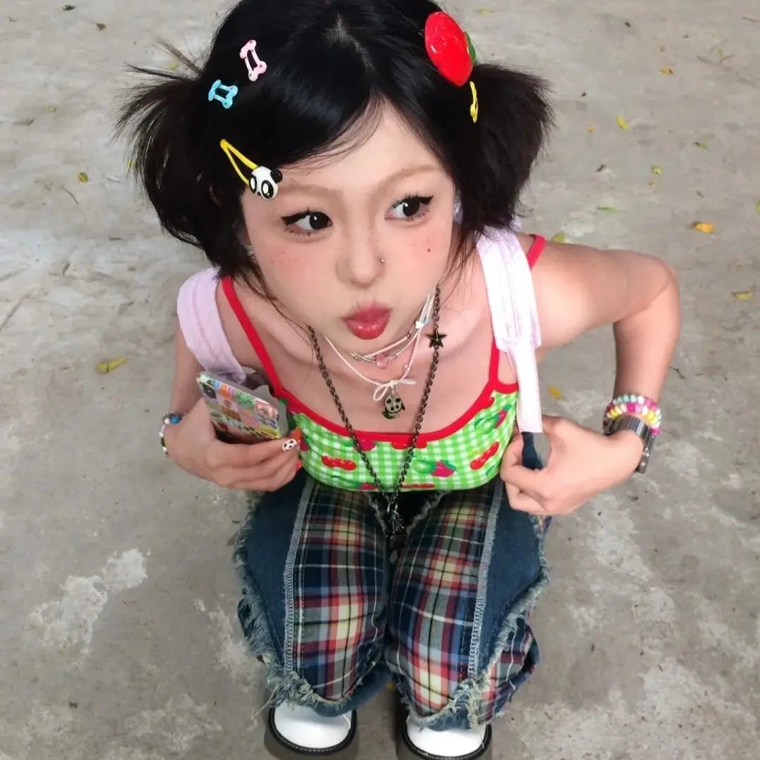 Schickes Dollette Harajuku Tanktop Ärmelloses bedrucktes Patchwork Neckholder Crop Top Vintage Top Streetwear 2000er Japanischer Sommer