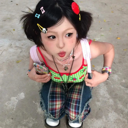 Schickes Dollette Harajuku Tanktop Ärmelloses bedrucktes Patchwork Neckholder Crop Top Vintage Top Streetwear 2000er Japanischer Sommer