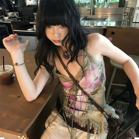 Haut court sans manches Chic Dollette Gothique Tie-Dye Vintage Streetwear Années 2000 Japonais à lacets Caraco E-girls Été