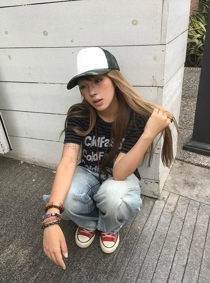 Chic Dollette Vintage T Shirts Women Short Sleeve Striped Printed Skim Grunge Gothic Y2k Aesthetic Harajuku Tops Ladies Fashion