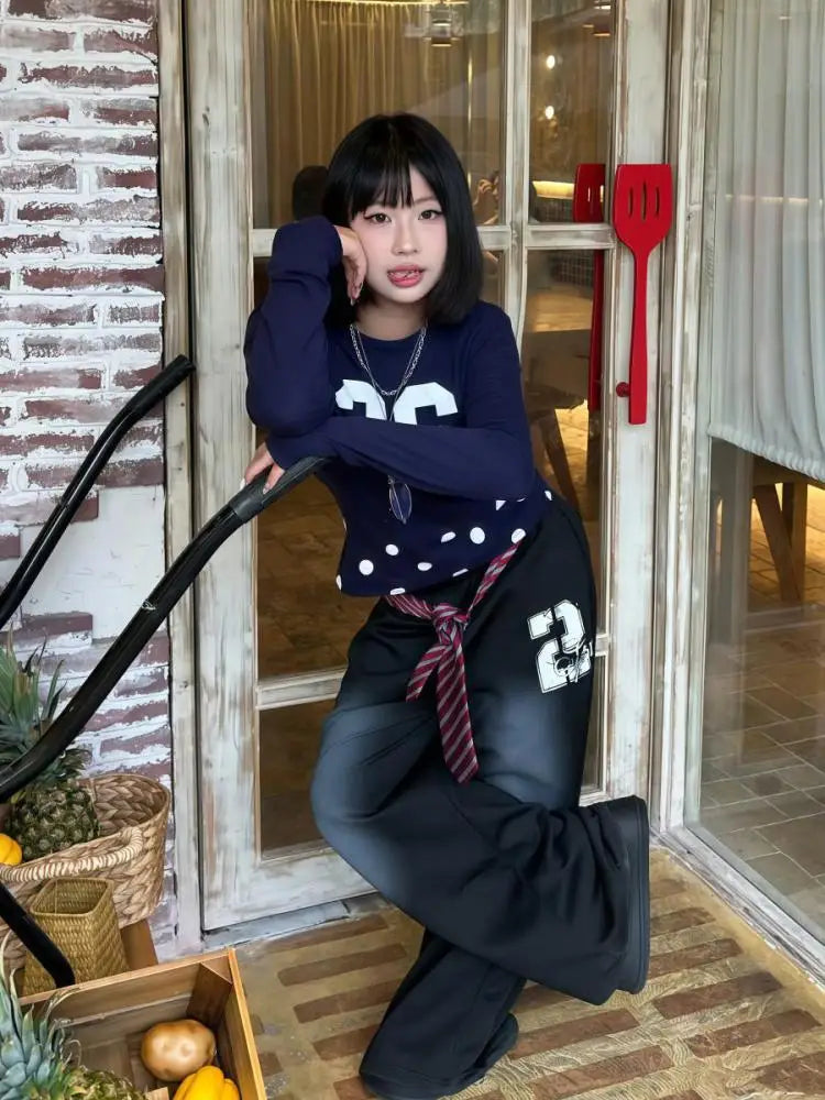 Schicke Dollette Streetwear Patchwork Tupfen Grafik T-Shirts Damen Kleidung Langarm Korean Fashion Tees Weibliche Kleidung 2000er Jahre Chic