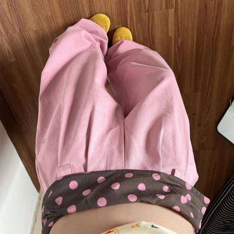 Chic Dollette Pink Polka Dot Spliced Trousers Female Clothing Wide Leg Summer High Waist Fashionable Zipper Folds Loose Casual Pants