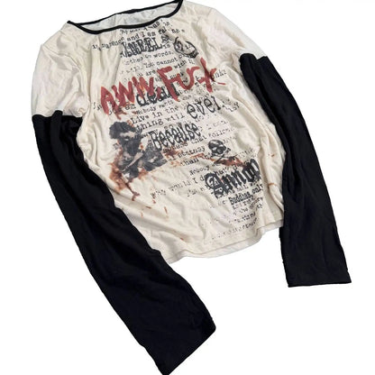 Chic Dollette Punk Letter Print T-Shirt Harajuku Women Men Patchwork Vintage Top Y2k Aesthetic Grunge Loose Tshirts