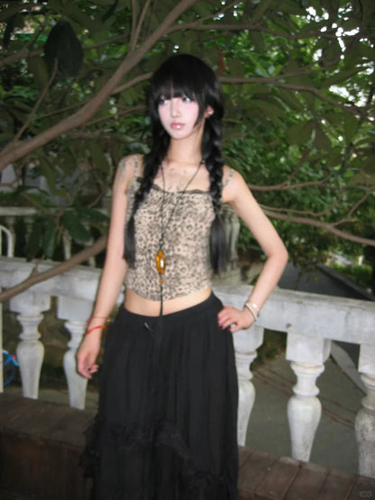 Chic Dollette Débardeur Japonais Imprimé Léopard Sans Manches Chemise T-shirt Dentelle Patchwork Fairycore Camis Débardeur Années 2000 Haut
