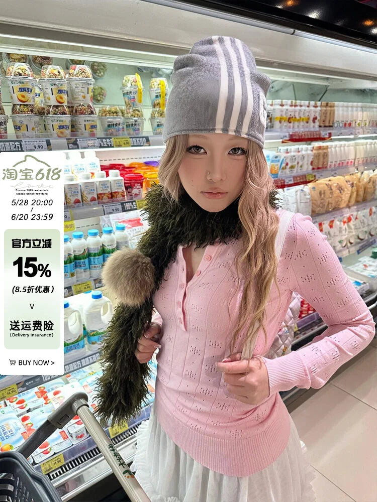 Schickes Dollette Pinkes Stricktop Langarm Koreanische Mode Pullover Hotsweet Strickware Damen Jumper Herbst Top Schick