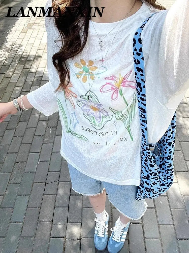 Chic Dollette T-Shirt im koreanischen Stil, handbemalte Blume, Langarm, 2000er Kleidung, Grafik-T-Shirts, Rundhals, lockeres Mode-Oberteil